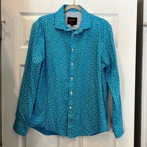 Egara Button Down Shirt Cotton Stretch Turquoise Leaf Print Sz L Coastal Preppy